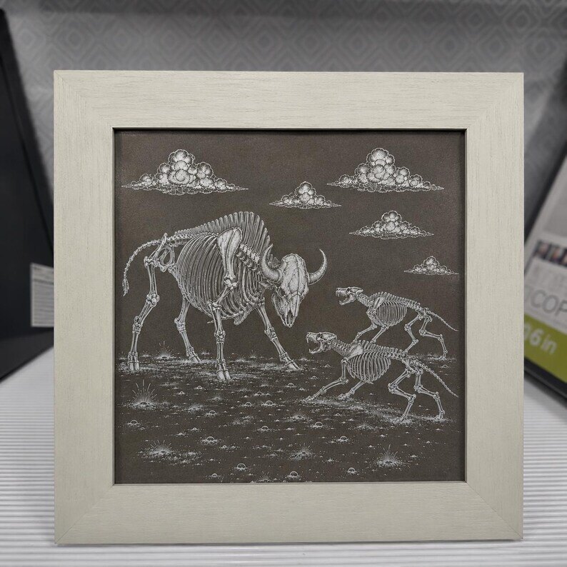 Bison and Wolf Stand Off engraved tile