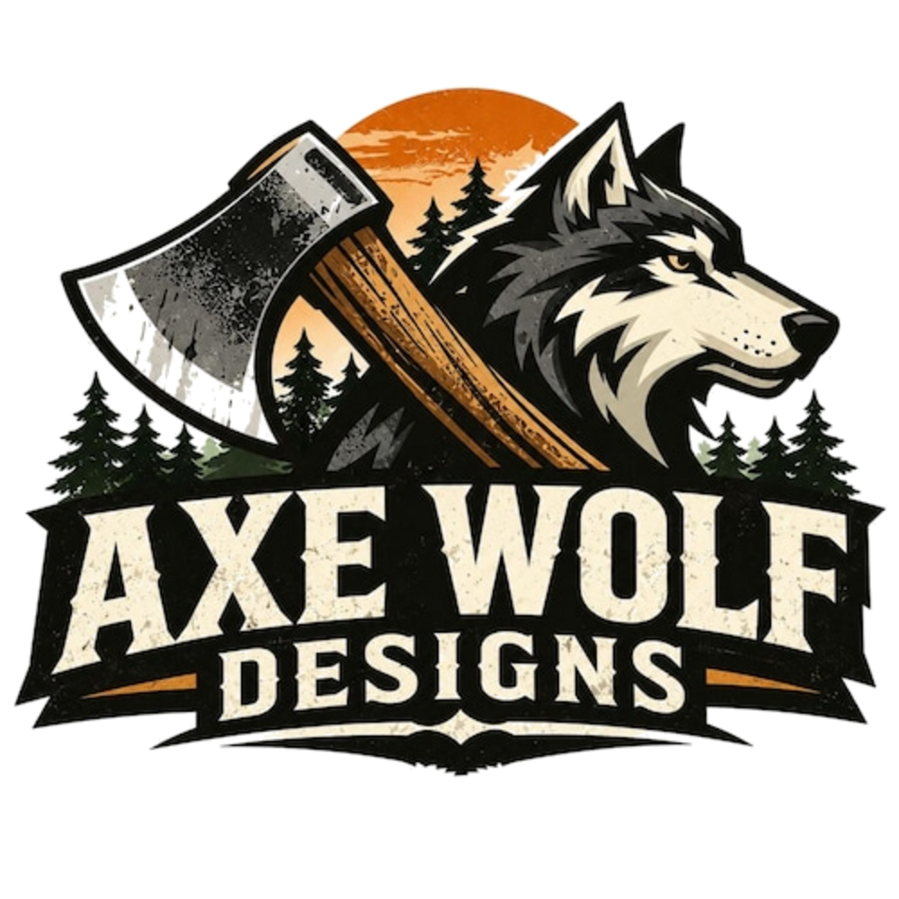 AxeWolf Designs logo: an axe crossed with a wolf&rsquo;s head over a pine treeline
