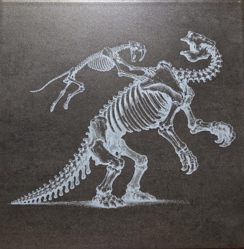 Smilodon and Ground Sloth engraved tile