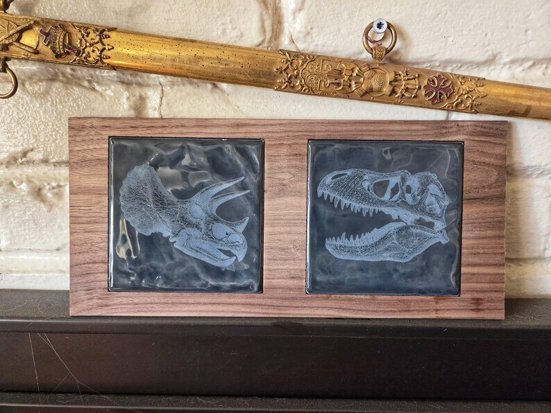 T. rex and Triceratops engraved tile